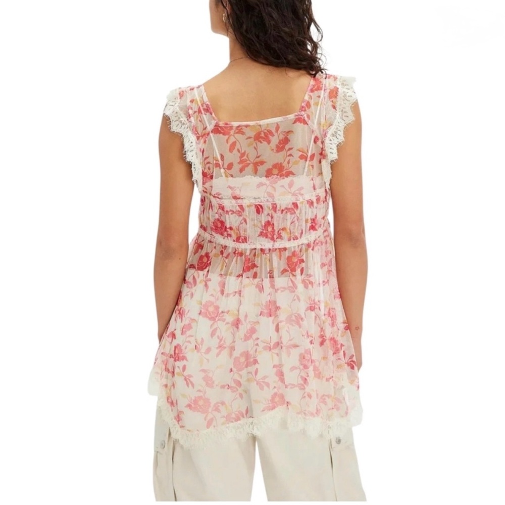 Free People Ivie Tunic Sheer Lace Ruffle Floral Pink XL NWT - Picture 5 of 5